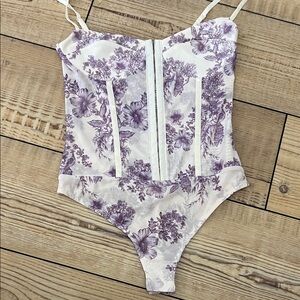 Free People White Bodysuit with Lavender Floral Print